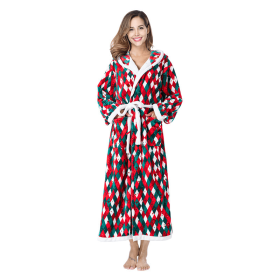 Winter Christmas Sleepwear Women Fleece Hooded Bathrobe Plush Long Robe (Color: Christmas Checkered)