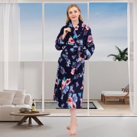 Women's Allover Print Shaggy Fleece Robe Warm Plush Long Bathrobe for Women shawl collar nightgown (Color: Rose Print)