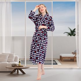 Women's Allover Print Shaggy Fleece Robe Warm Plush Long Bathrobe for Women shawl collar nightgown (Color: Navy Dots)