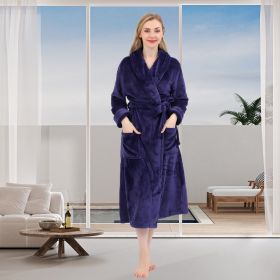 Women's Shaggy Fleece Robe Warm Plush Long Bathrobe for Women shawl collar nightgown with Pockets (Color: Denim Blue)