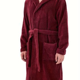 Mens Cozy Hooded Robe Trendy Warm Comfy Lounge Wear (Color: Brick Red)